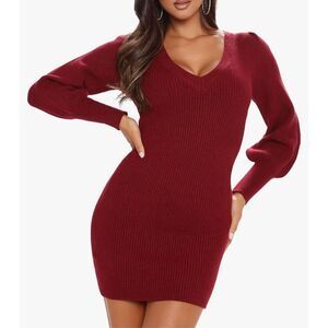 NEW Red Wine Sweater Lantern Sleeves V Neck Bodycon Dress S